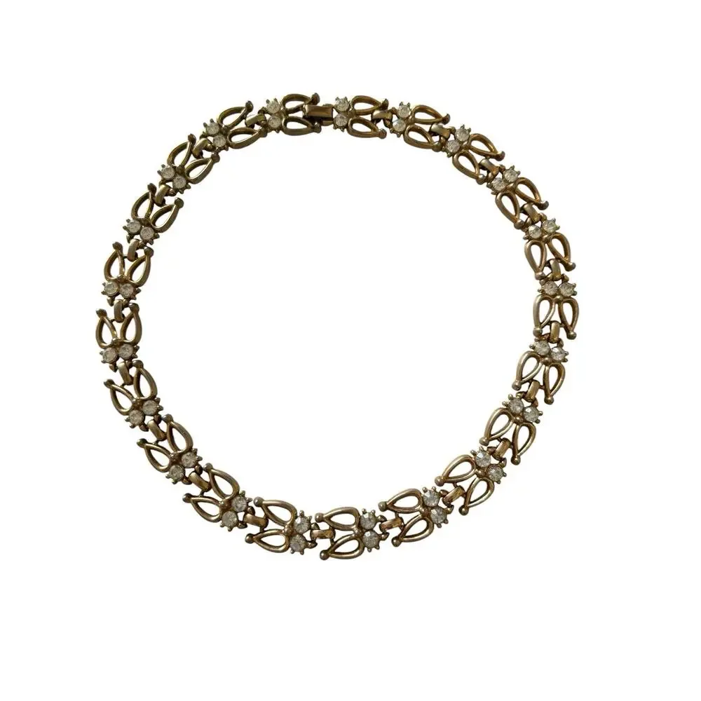 Rhinestone Collar Necklace Gold Tone Mid Century Vintage Wedding 15”